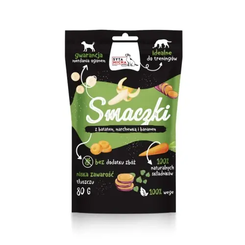 SYTA MICHA Smaczki dla psa z batatem, marchewk膮 i bananem [WEGE] 80g Zniżka