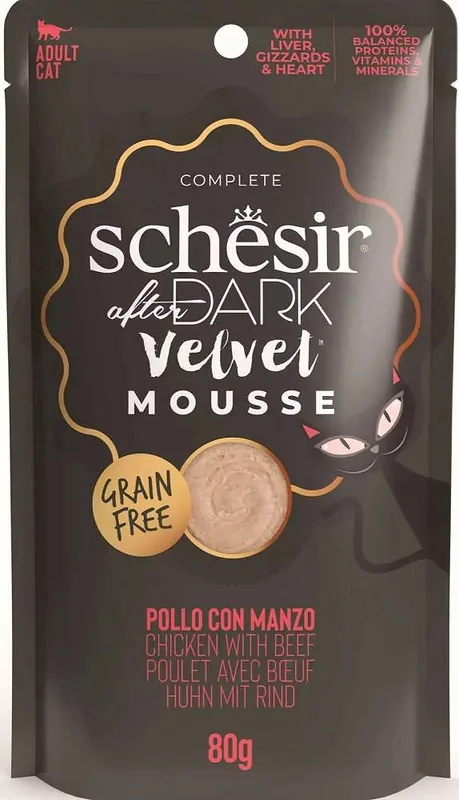 Bestseller Schesir After Dark Velvet Mousse Adult Chicken with Beef Karma z kurczakiem i wołowiną dla kota 80g