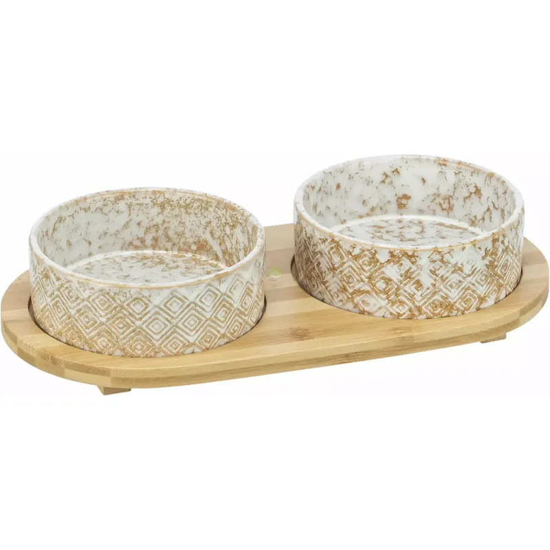 Szybka wysyłka Zestaw misek, dla psa, ceramika/bambus, białe/ecru, 2 x 0.8l/o 16cm/39 x 8 x 20cm