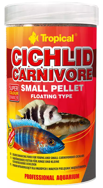 Wyprzedaż TROPICAL CICHLID CARNIVORE SMALL PELLET - wybarwiający pokarm w formie pływającego granulatu dla młodych i mniejszych pielęgnic
