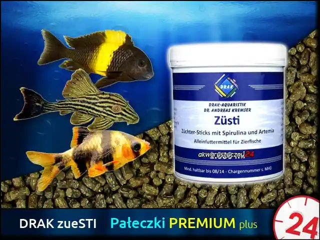 DRAK-aquaristik zueSTI, Puszka 500ml - Tonący pokarm w formie pałeczek wzrostu ze spiruliną i artemią dla ryb tropikalnych, zwłaszcza roślinożernych. Oferta czasowa