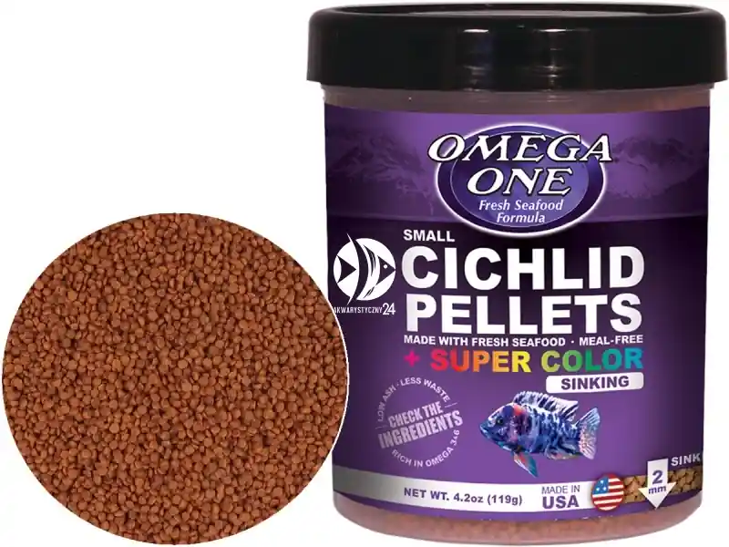 OMEGA ONE Super Color Cichlid Pellets Small 119g (83331) - Tonący pokarm wybarwiający w granulkach dla pielęgnic Nowość